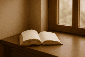 Ein geöffnetes Buch liegt auf einer hölzernen Fensterbank in warmem Licht – Symbol für innere Stärke, Selbstermächtigung und den Weg aus der Scham.