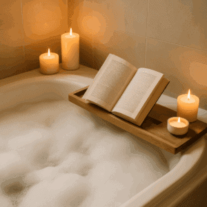 Badewanne mit Schaumbad, brennenden Kerzen und einem Buch am Wannenrand – perfekte Herbst-Selbstfürsorge für Frauen zum Entspannen und Lesen.
