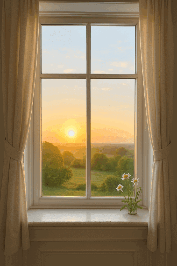Fotorealistischer Blick durch ein Fenster auf einen Sonnenaufgang im Frühling – Symbol für Neuanfang, persönliche Entwicklung und weibliche Selbstermächtigung.