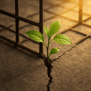 Eine grüne Pflanze wächst durch einen Riss im Beton und ein rostiges Gitter, symbolisch für persönliche Weiterentwicklung, Selbstbestimmung und innere Stärke