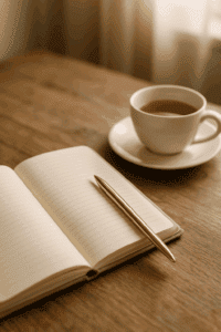 Offenes Notizbuch mit goldenem Stift auf rustikalem Holztisch neben einer Tasse Tee – Sinnbild für mentale Klarheit und persönliches Money Mindset Training für Frauen.