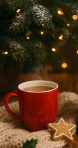 Stimmungsvolle Weihnachtsbuch-Szene mit roter Tasse und Sternenplätzchen auf einem gemütlichen Strickplaid – ideal für Empfehlungen romantischer Weihnachtsbücher, die sich noch schnell besorgen lassen.