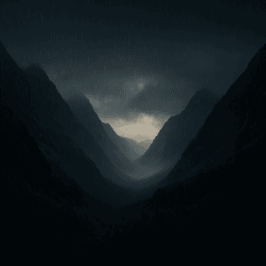 Dunkle, regnerische Berglandschaft bei Dämmerung – Symbol für Stärke, Verletzlichkeit und Hoffnung. Passend zum Buch „Leave Me Behind“, einer emotionalen Enemy-to-Lovers-Military-Romance voller Spannung und Gefühl.