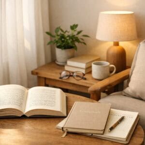 Ruhige Leseecke mit offenem Buch und Notizbuch auf einem Holztisch, warmes Licht und entspannte Atmosphäre als Symbol für tägliche Lesegewohnheiten erfolgreicher Menschen.