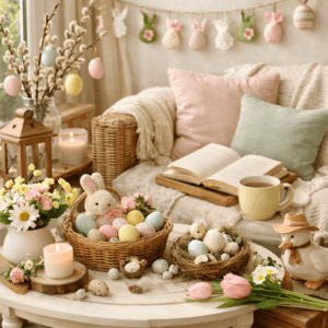 Frühlingshafter Sitzplatz mit gemütlichem Lesesessel, offenem Buch, sanften Osterdekorationen, pastellfarbenen Ostereiern und frischen Blumen in ruhiger, heller Atmosphäre – Lesen zu Ostern.