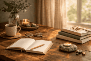 Ruhiges Stillleben zum Thema Neusortieren: Ein offenes, leeres Notizbuch mit Stift liegt auf einem Holztisch, daneben ein Stapel schlichter Bücher ohne Beschriftung, Kerzen, eine Tasse Tee und sanftes Morgenlicht als Symbol für innere Ordnung und Neubeginn.