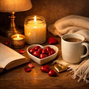 Stimmungsvolles Valentinstag-Stillleben mit offenem Buch, warmem Kerzenlicht, Herzpralinen, Tasse und weicher Decke – Liebe sichtbar feiern in ruhiger Leseatmosphäre.