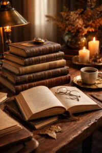 Stimmungsvolles Stillleben mit aufgeschlagenem Buch, Bücherstapel, Lesebrille, Kerzen und Teetasse auf Holztisch im warmen Kapitelgold-Stil – Symbol dafür warum Lesen als Wettbewerbsvorteil und Denkfähigkeit am Welttag des Buches.