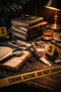 Moderner True Crime Stillleben-Look: dunkler Holztisch mit gestapelten Büchern, Notizbuch und Lupe, warmes Licht einer Tischlampe, dezente kriminalistische Hinweise wie Beweisnummern und gelbes Absperrband im Hintergrund, atmosphärisch und spannungsvoll