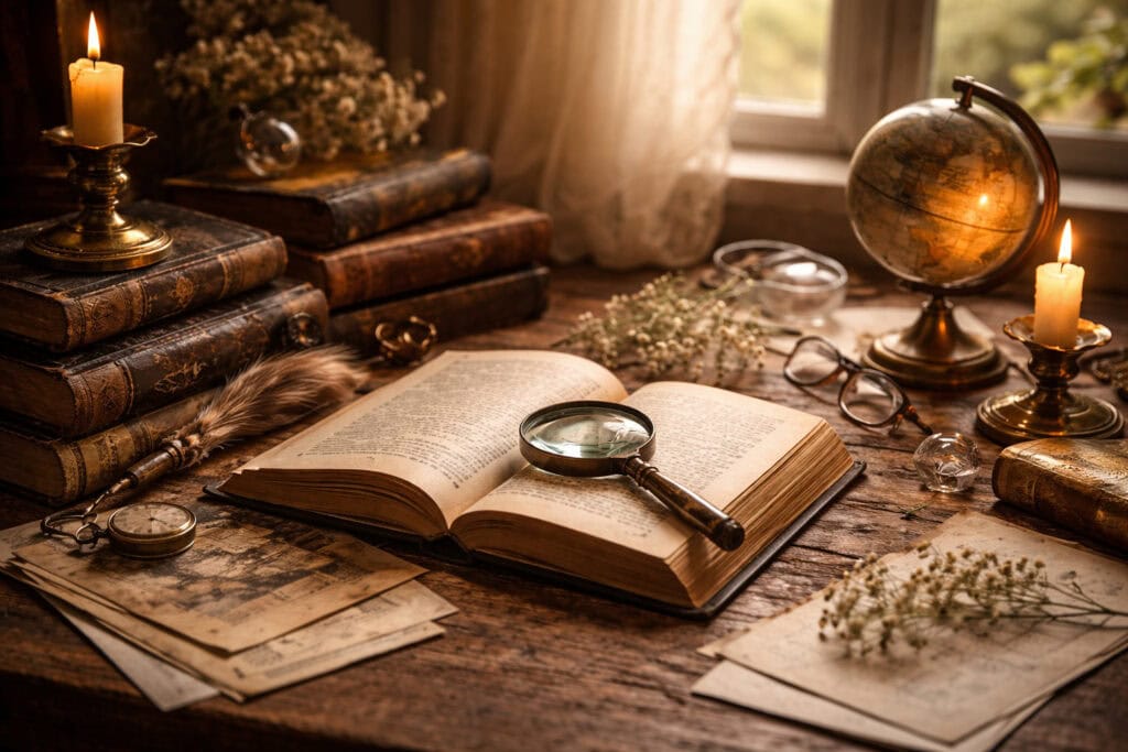 Stimmungsvolles Stillleben mit aufgeschlagenem Buch, Lupe, alten Karten und Globus auf Holztisch im warmen Licht – Symbolbild für Fiktion oder Wahrheit in Büchern und literarische Täuschung.