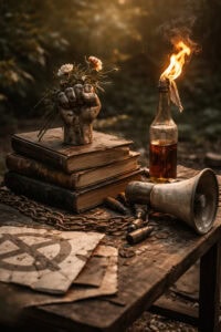 Stimmungsvolles Stillleben im Kapitelgold-Stil: gestapelte alte Bücher auf einem Holztisch, darauf eine steinerne Faust als Symbol für Widerstand, warmes goldenes Licht im Hintergrund – Darstellung von gesellschaftskritischer Literatur und stillem Protest.
