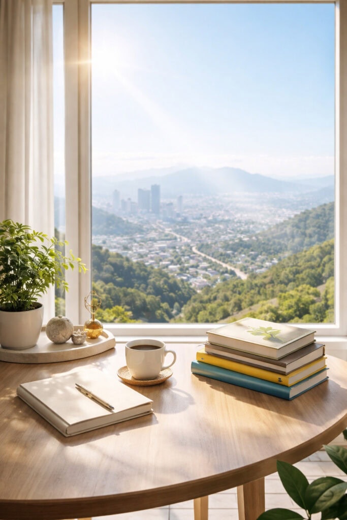 Modernes, lichtdurchflutetes Arbeitszimmer mit Holztisch, Notizbuch und Büchern zur persönlichen Weiterentwicklung vor großem Fenster mit weiter Aussicht über Stadt und Berge – Symbol für Wachstum, mentale Stärke und Aufstieg.