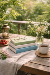 Bücher auf einem Holztisch im Garten mit Tee, Blumen und frischem Grün im Hintergrund – frühlingshafte Leseatmosphäre für lange Tage und humorvolle Romane