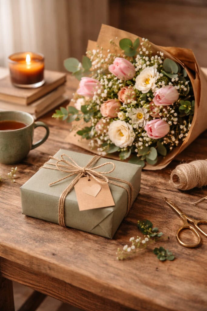 Geschenkidee zum Muttertag mit stilvoll verpacktem Präsent und frischem Blumenstrauß auf Holztisch – liebevolle Aufmerksamkeit für Leserinnen und Buchliebhaberinnen im Frühling.