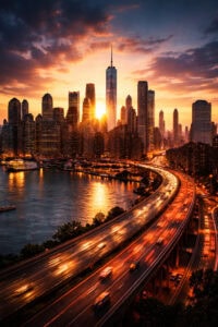 Moderne Skyline bei Sonnenuntergang mit kraftvollen Farben und leuchtender Stadtautobahn, Symbol für Neuanfang, Dynamik und urbane Energie im Mai.