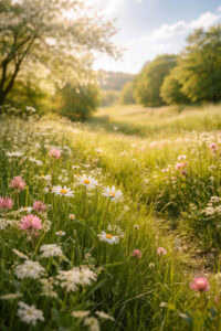 Frühlingswiese im Mai mit blühenden Gänseblümchen und Wildblumen im warmen Sonnenlicht – ruhige Naturaufnahme als Symbol für Neubeginn, Inspiration und frische Perspektiven.