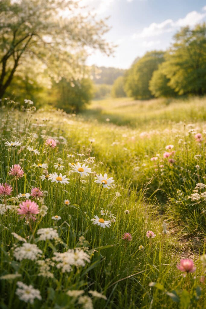 Frühlingswiese im Mai mit blühenden Gänseblümchen und Wildblumen im warmen Sonnenlicht – ruhige Naturaufnahme als Symbol für Neubeginn, Inspiration und frische Perspektiven.