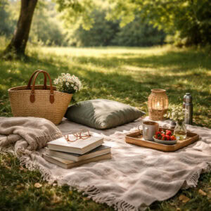 Moderner Leseplatz im Park mit Decke, Büchern und Picknick-Setup im Grünen, ideales Ambiente für Romane draußen lesen im Sommer oder Frühling.