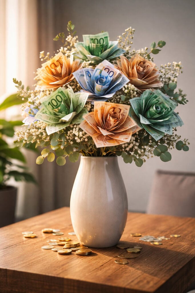 Moderne Vase mit Blumen aus gefalteten Geldscheinen auf Holztisch, symbolisches Bild für finanzielle Bildung, Vermögensaufbau und Geld als Ausdruck von Freiheit und Wachstum.