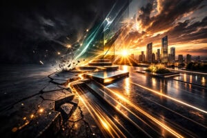 Modernes Stadtpanorama bei Sonnenaufgang mit starkem Lichtkontrast zwischen Dunkelheit und goldener Skyline, Symbolbild für Mindset Wandel, Transformation und persönliche Entwicklung.